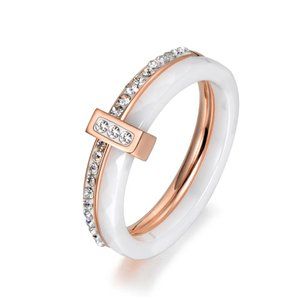 2 Layers Black/White Ceramic Crystal Wedding Rings Jewelry Rose Gold
